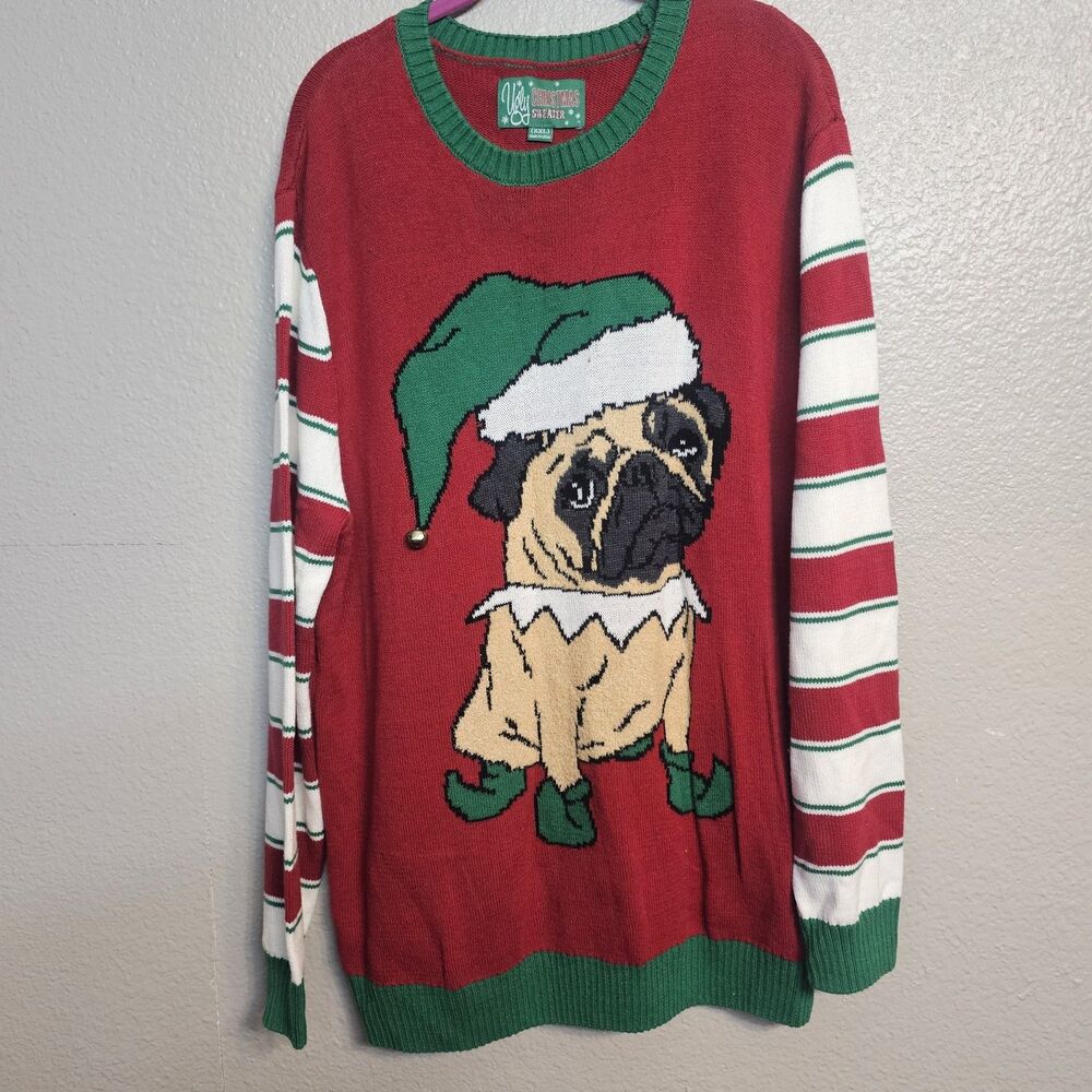 Women’s XXL Ugly Christmas Sweater Pug Santa Hat Red Green Striped Sleeves Z851